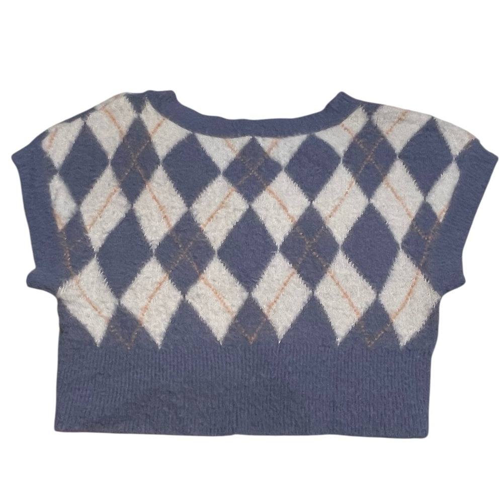 Free People Through The Motions Argyle V-Neck Sweater Vest Blue Fuzzy Cropped XS - Picture 2 of 9